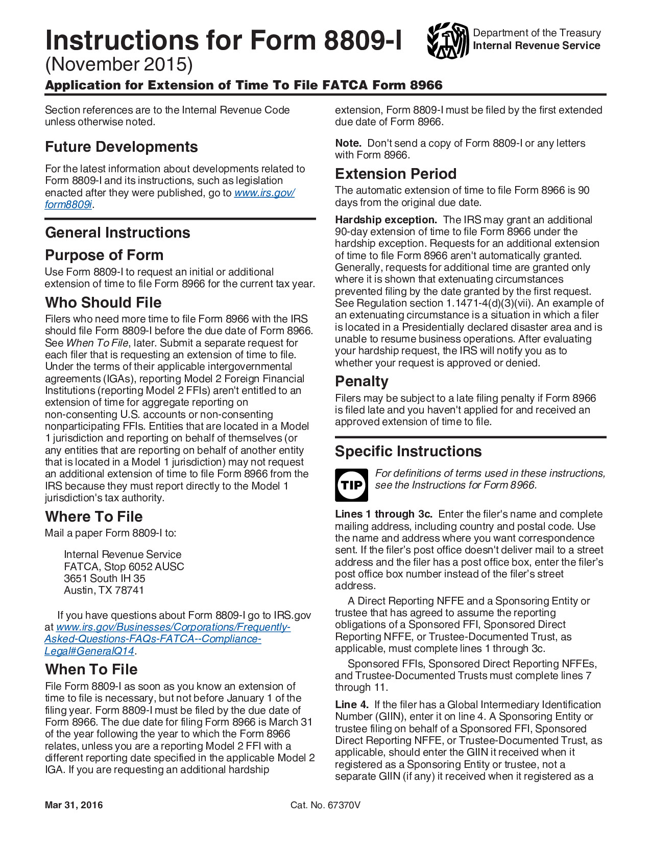 Instructions Form 8809-I